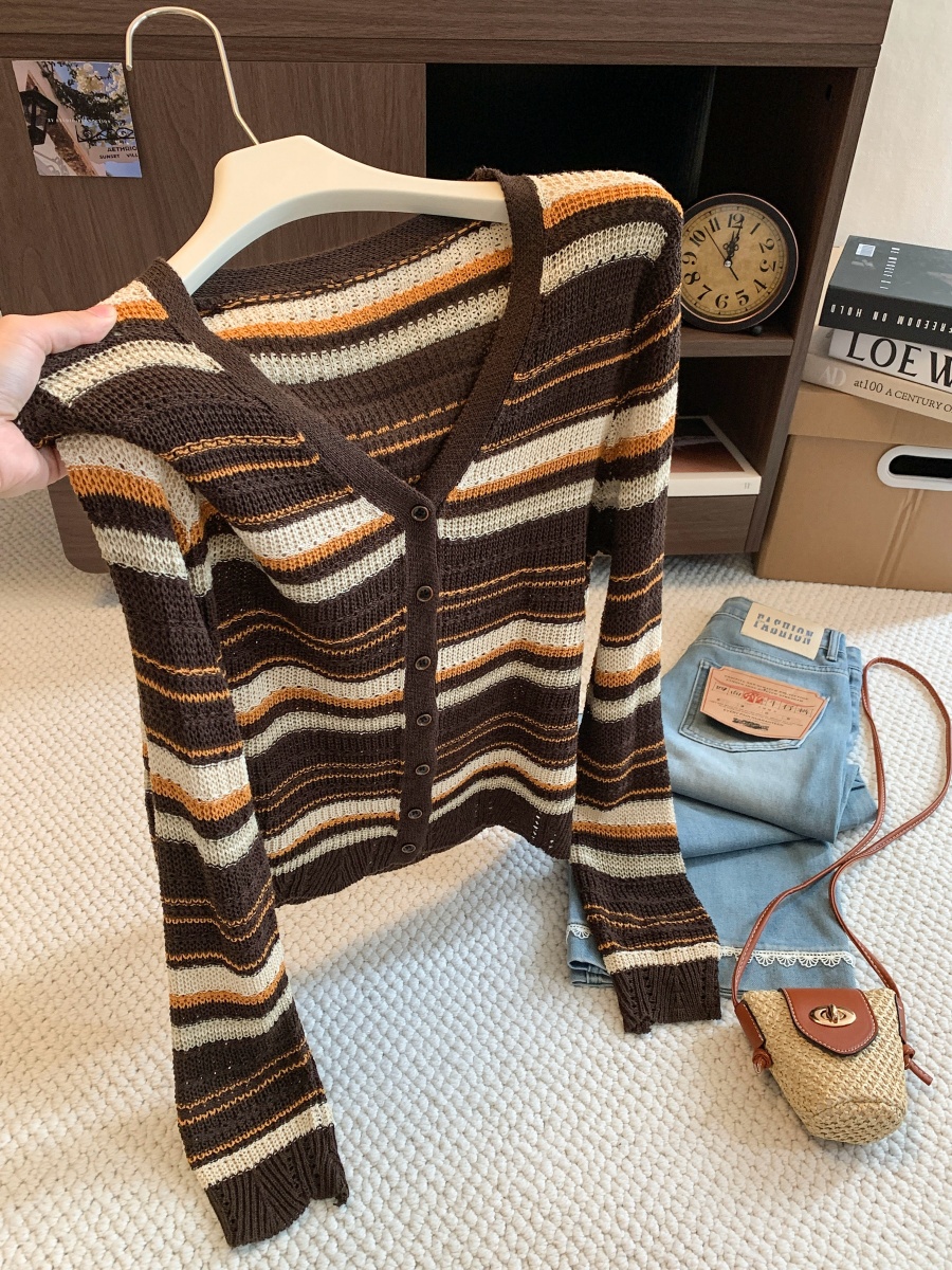 2026 Fall V-Neck Striped Knit Cardigan Women Long Sleeve Loose Casual Thin Top