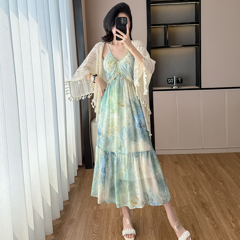 Boho Floral Print Two-Piece Cami Dress Set Women Summer Beach Vacation Maxi Dress