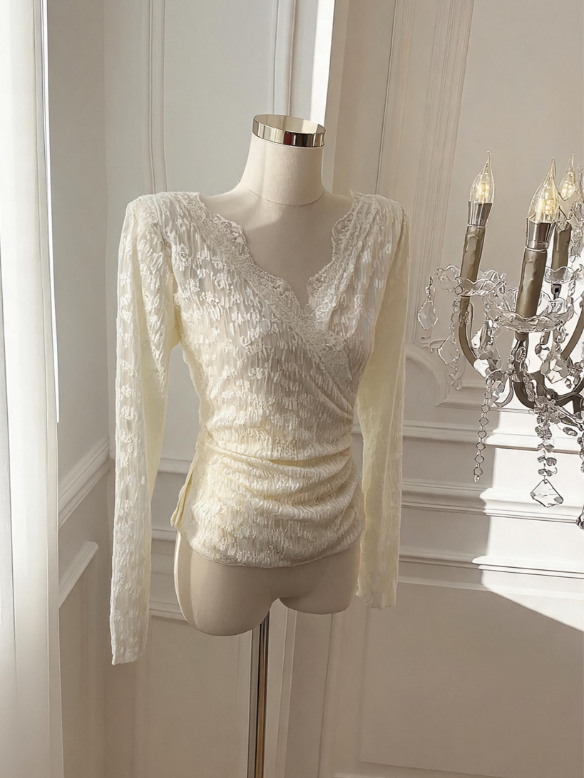 Elegant Lace Panel V-Neck Long Sleeve Top for Women
