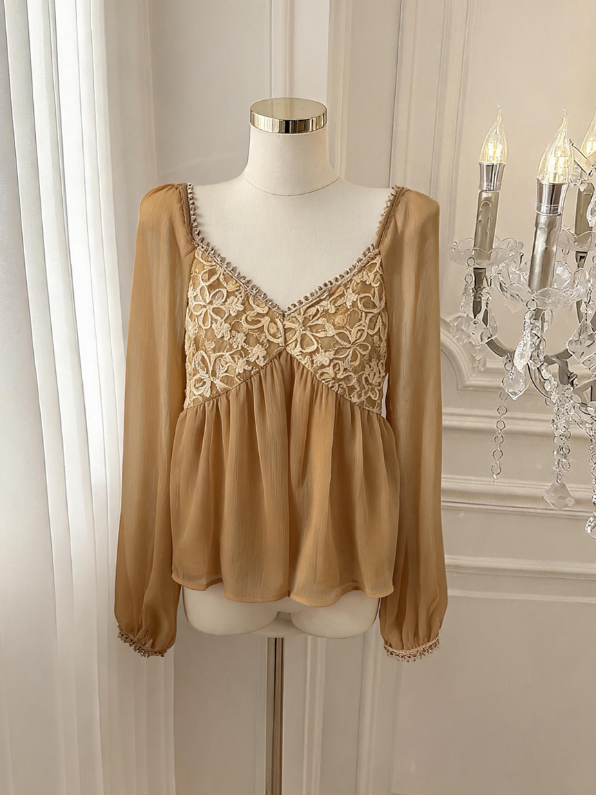 French Lace Embroidered Bubble Sleeve Top for Women Autumn Pullover