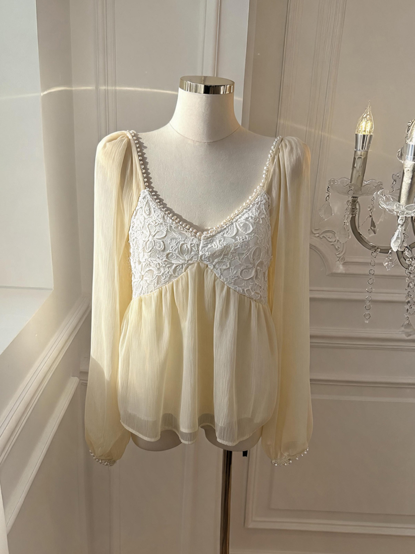French Lace Embroidered Women’s Top with Puff Sleeves