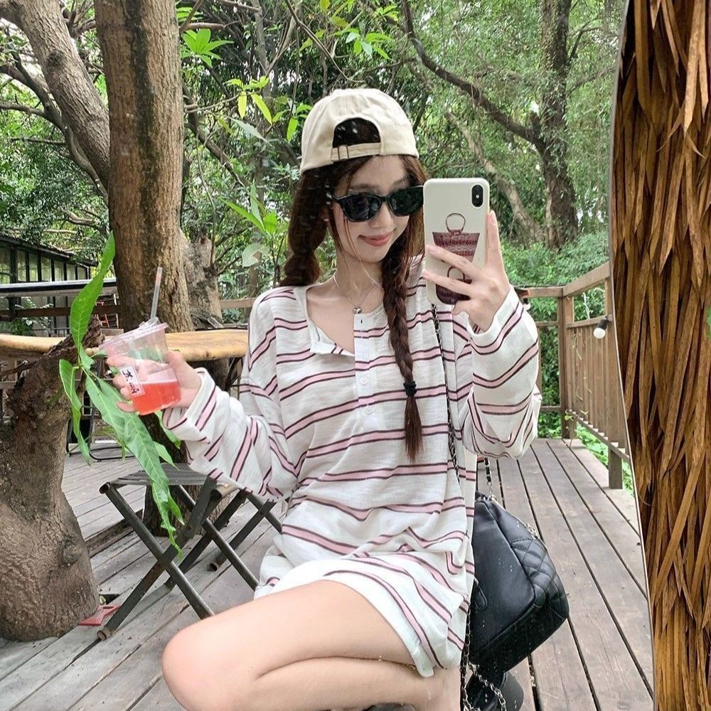 French Lazy Relaxed Dopamine Striped V-Neck Long Sleeve T-Shirt Women Lightweight Versatile Cover-Up Top New