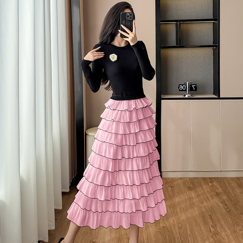 French Style Sweet A-Line Pleated Midi Knit Dress with Faux Two-Piece Detail