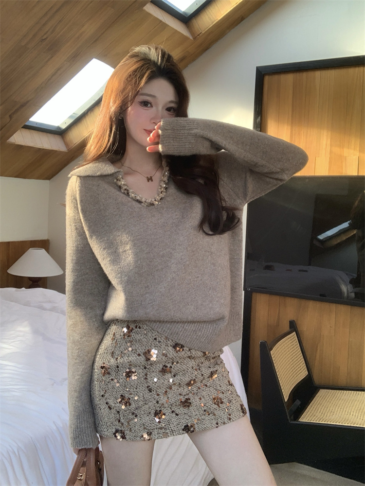 French Style V-Neck Sweater and Sequin Skirt Two-Piece Set for Women – Style 665968