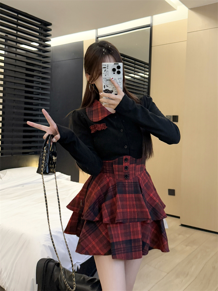 JK Uniform Style Slim Fit Shirt and Plaid High Waist Skirt Set – Style 665904