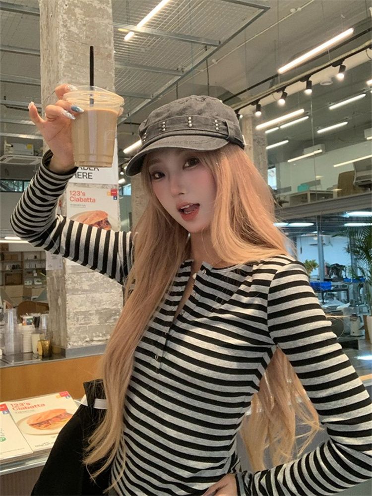 Korean Striped Concealed Button Long Sleeve T-Shirt for Women
