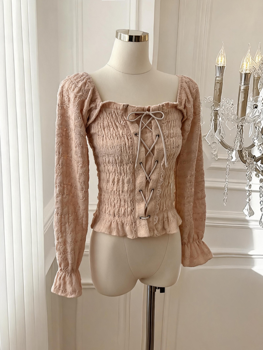 Korean Sweet Lace Top with Tie Waist Slimming Long Sleeve Blouse