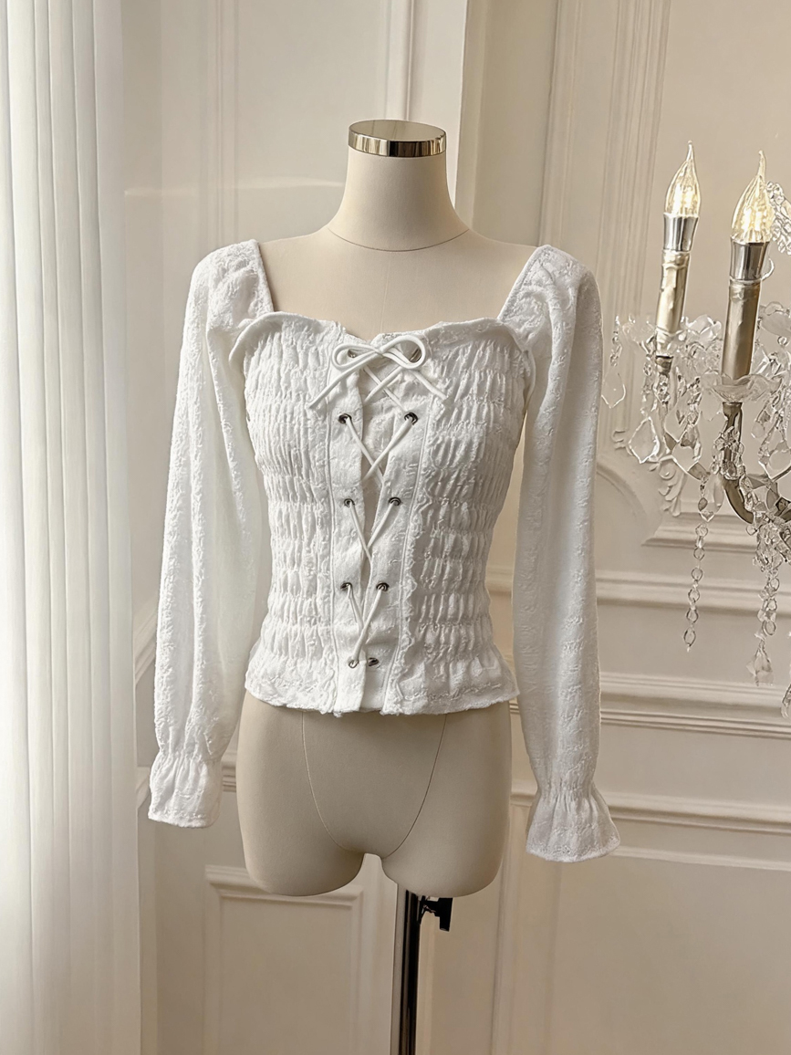 Korean Sweet Lace Top with Tie Waist Slimming Long Sleeve