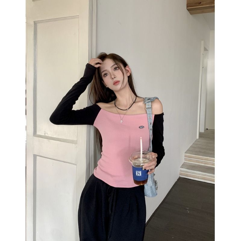 Modal Fabric Vintage One-Shoulder Color-Block T-Shirt Early Autumn Short-Sleeve Cropped Top