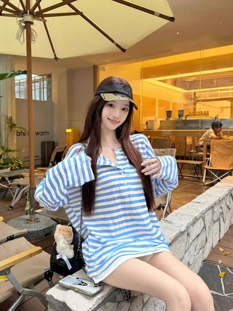 Plus Size Blue Striped Long Sleeve T-Shirt Women Summer Lightweight Loose Slimming Button Sun Protection Top