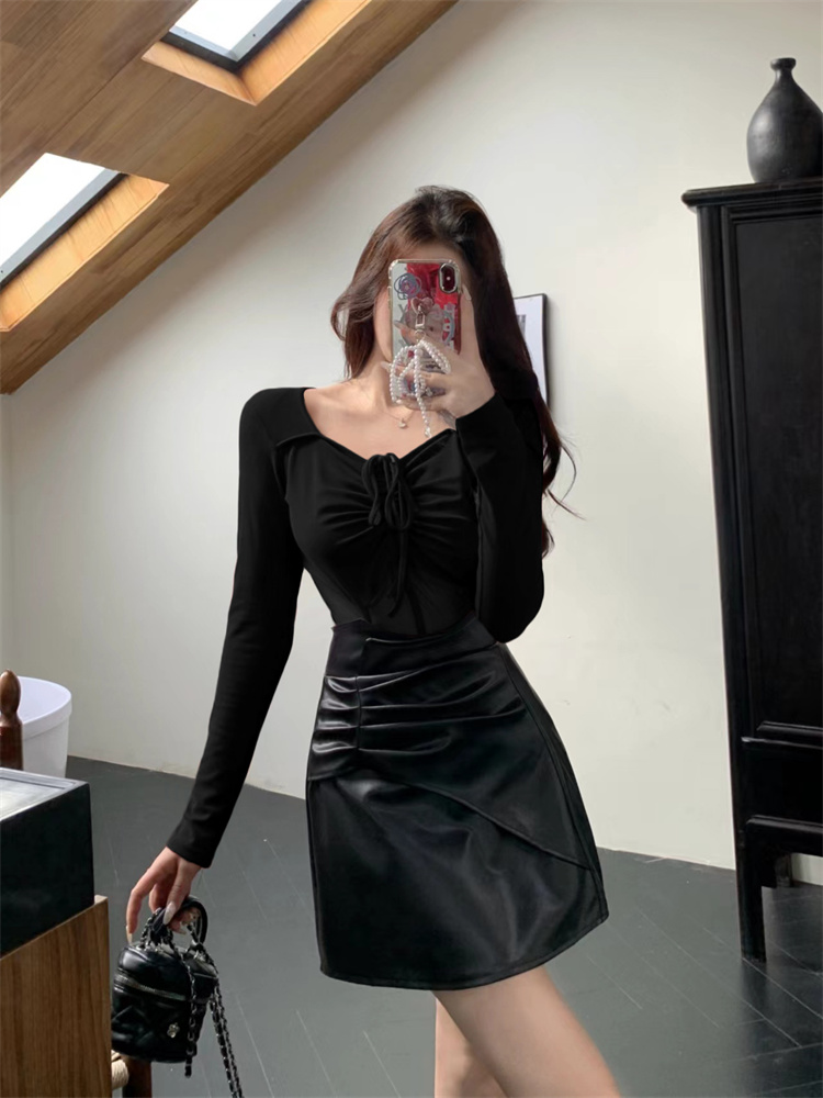 Plus Size Women’s Black Mesh Patchwork Two-Piece Set Slim Fit Long Sleeve Top and Leather Skirt
