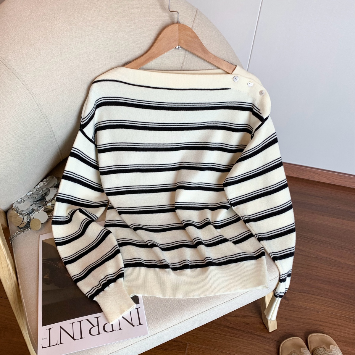 Striped One-Shoulder Knit Sweater for Women Casual Lazy Style Slimming Top