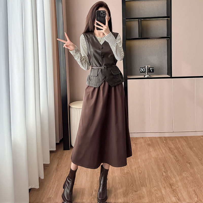 Striped T-Shirt and PU Leather Vest Dress Two-Piece Set for Women Autumn 2025 New