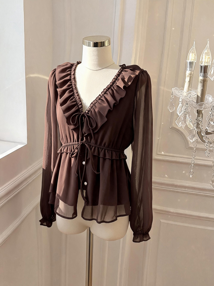 V-Neck Ruffle Waist-Cinched Chiffon Top 2026 Fall French Artistic Blouse – Style 3fbcd0