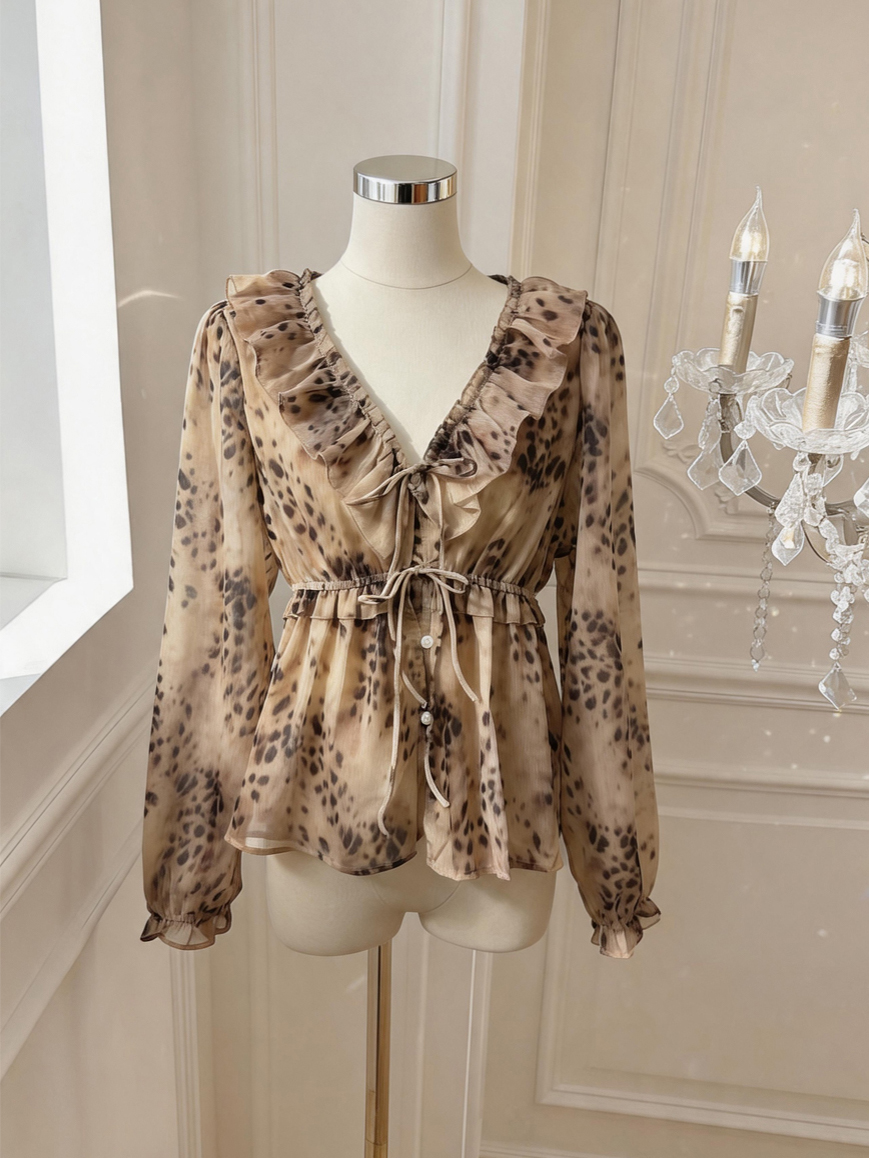 V-Neck Ruffle Waist-Cinched Chiffon Top 2026 Fall French Artistic Blouse – Style 6cca45