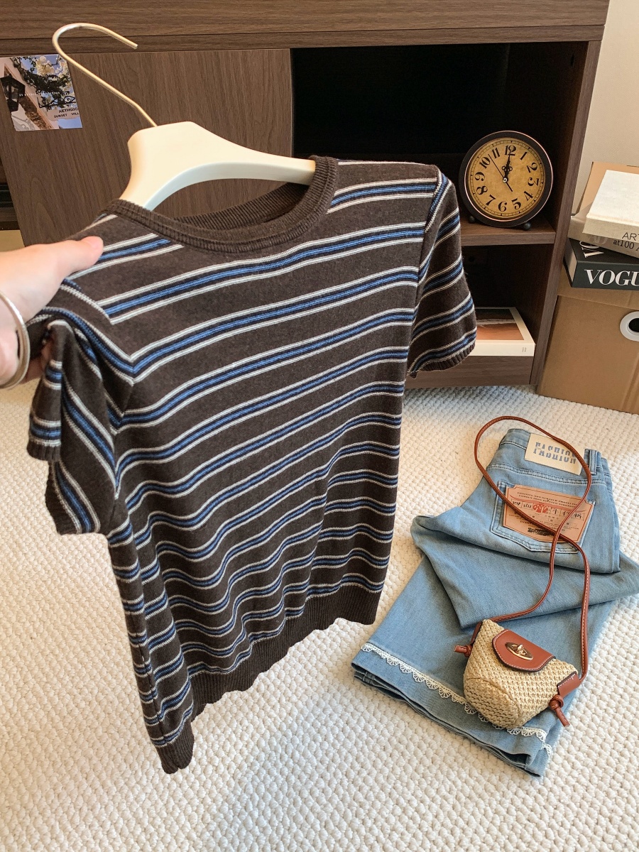 Women’s American Retro Striped Crew Neck Short Sleeve Knit Top 2026 Early Autumn Loose Versatile