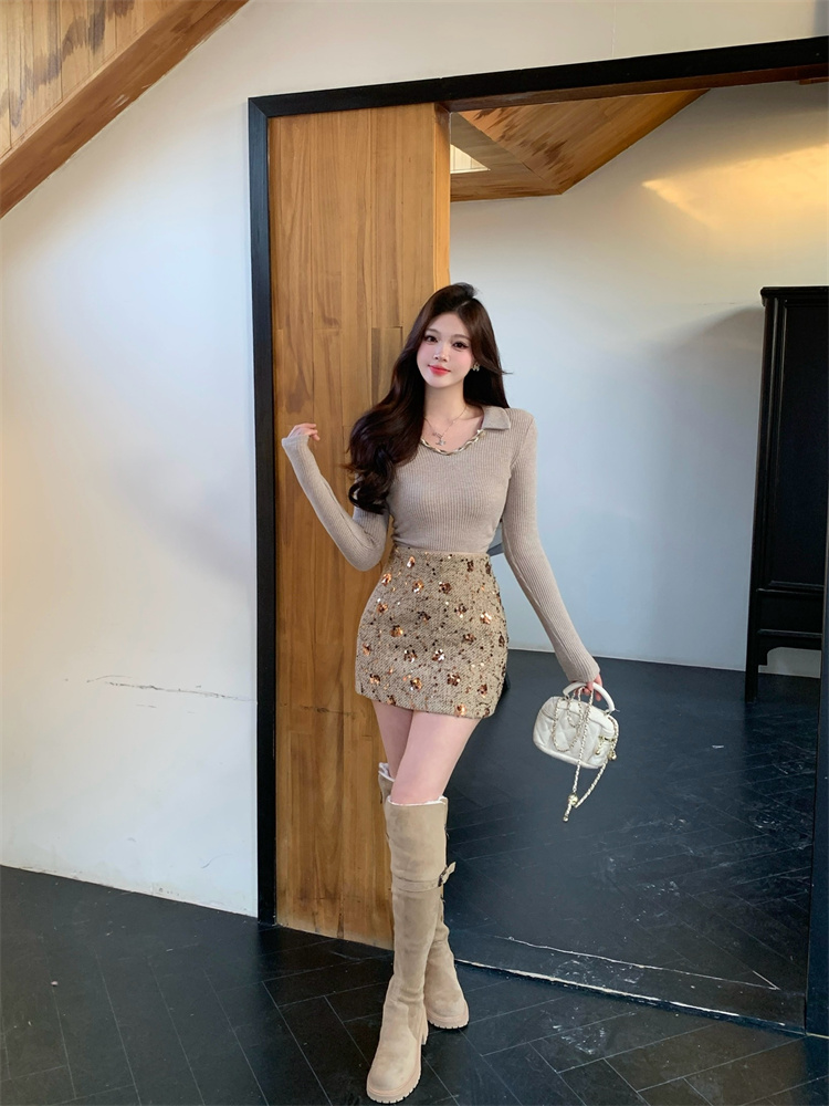 Women’s Khaki Knit Top and Skirt Set with Sequin Detail