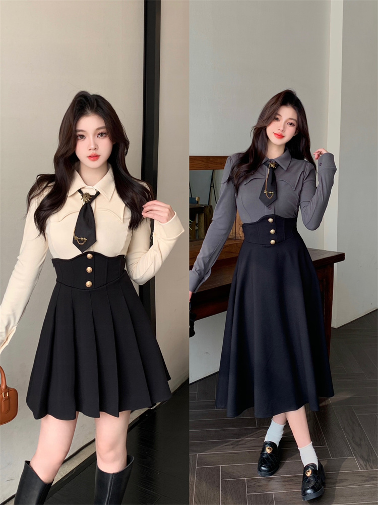 Women’s Preppy Style Set with Long Sleeve Shirt and Corset Skirt – Spring 2026