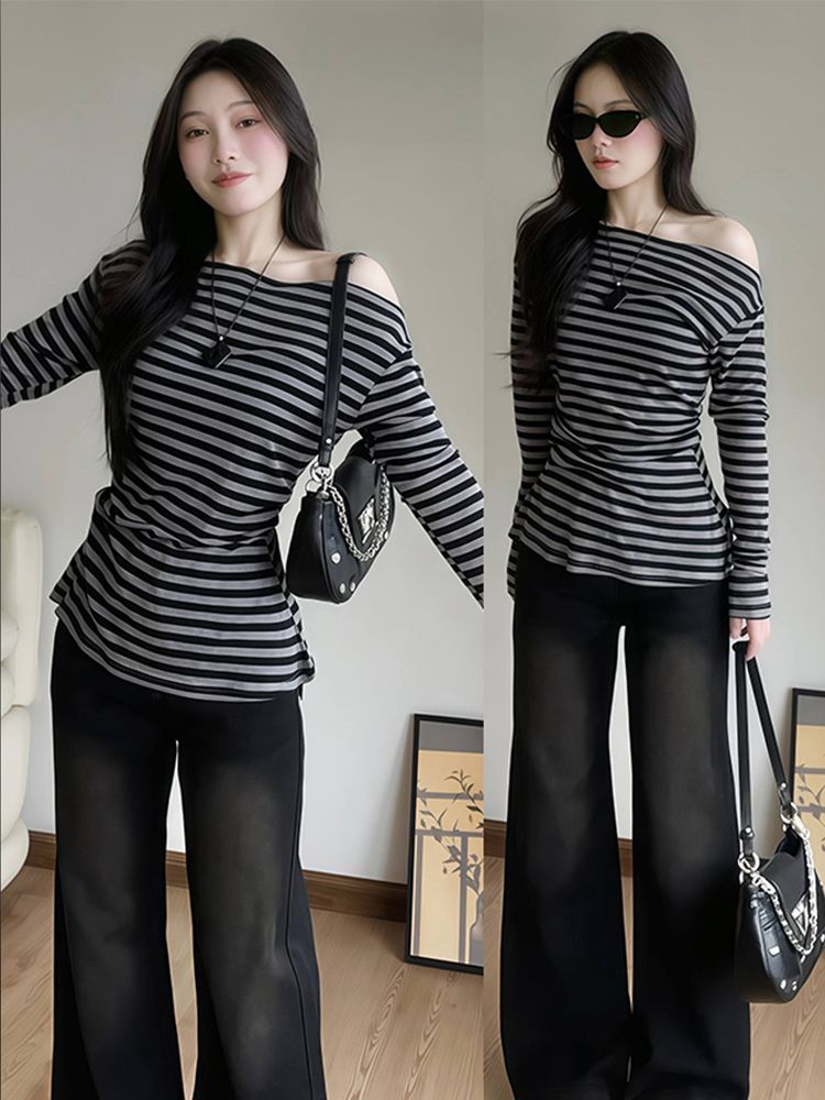Women’s Striped One-Shoulder Long-Sleeve T-Shirt